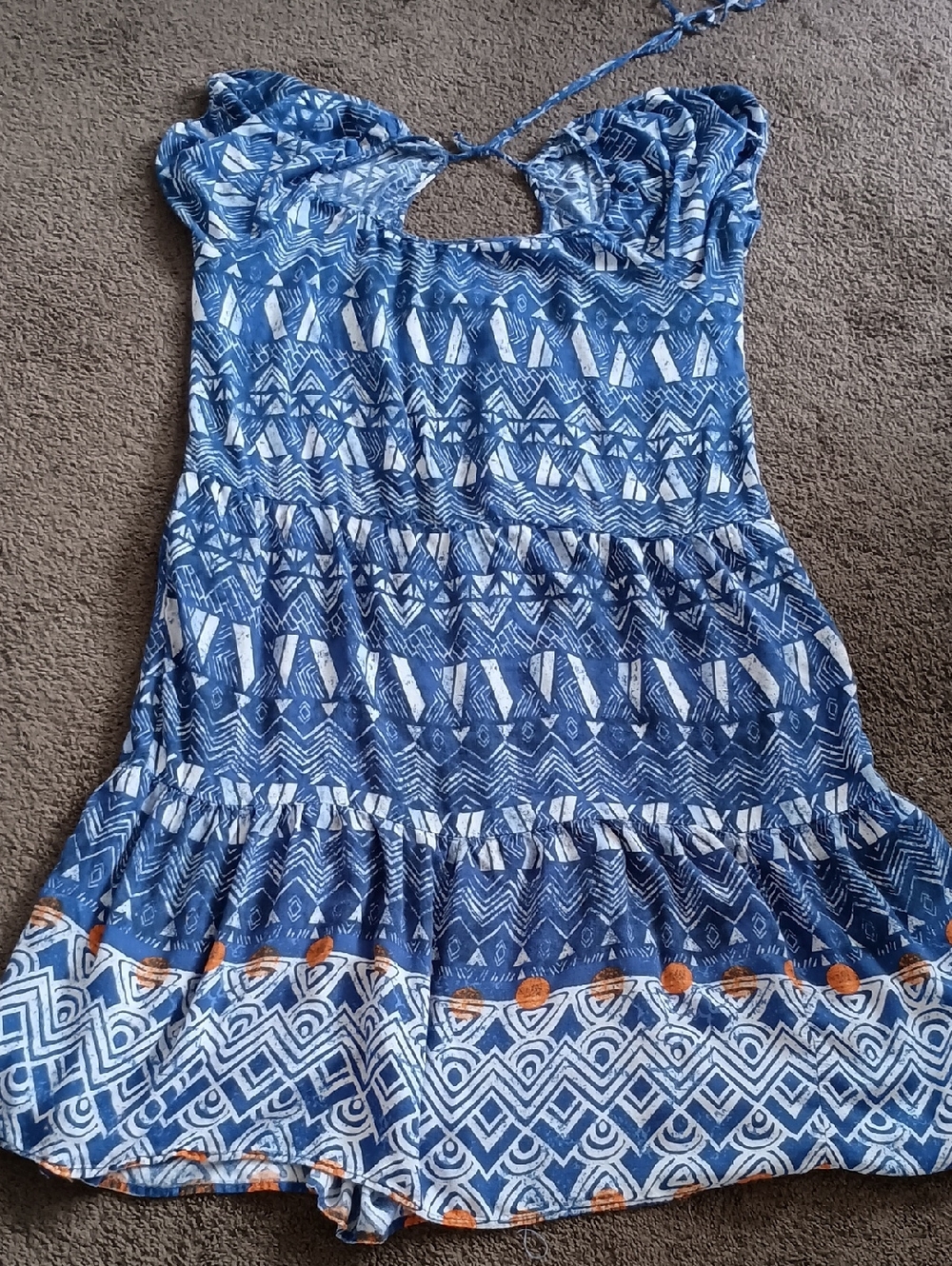 Knox Rose tiered midi dress featuring a blue and white geometric XL
